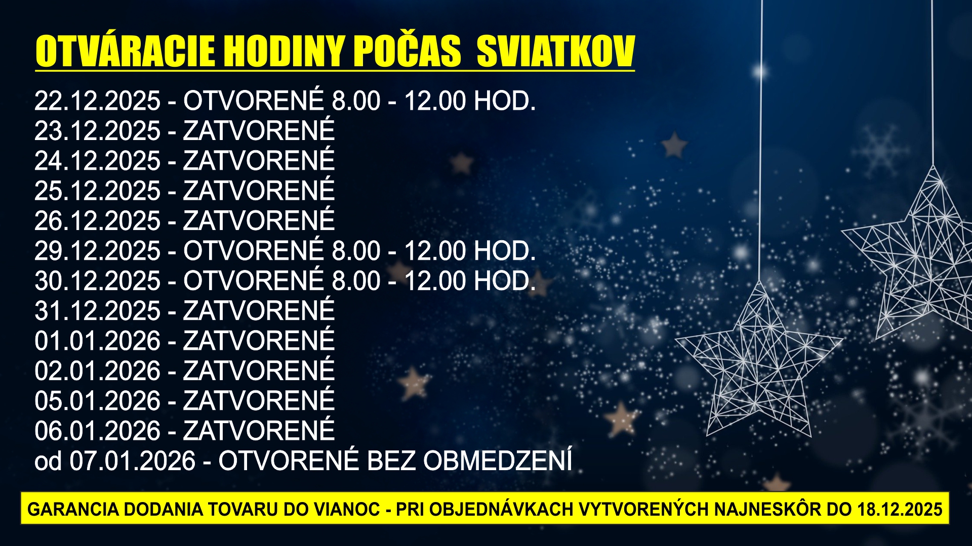 Otv�racie hodiny sviatky 2025/2026