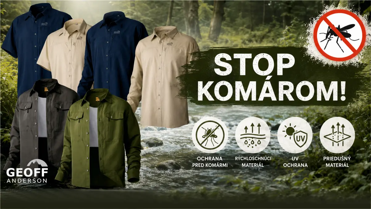 Predajn� banner Geoff Anderson Stop kom�rom s preh�adom letn�ch ko�ie� Ezmar a ich v�hodami ako UV ochrana, r�chloschn�ci a priedu�n� materi�l